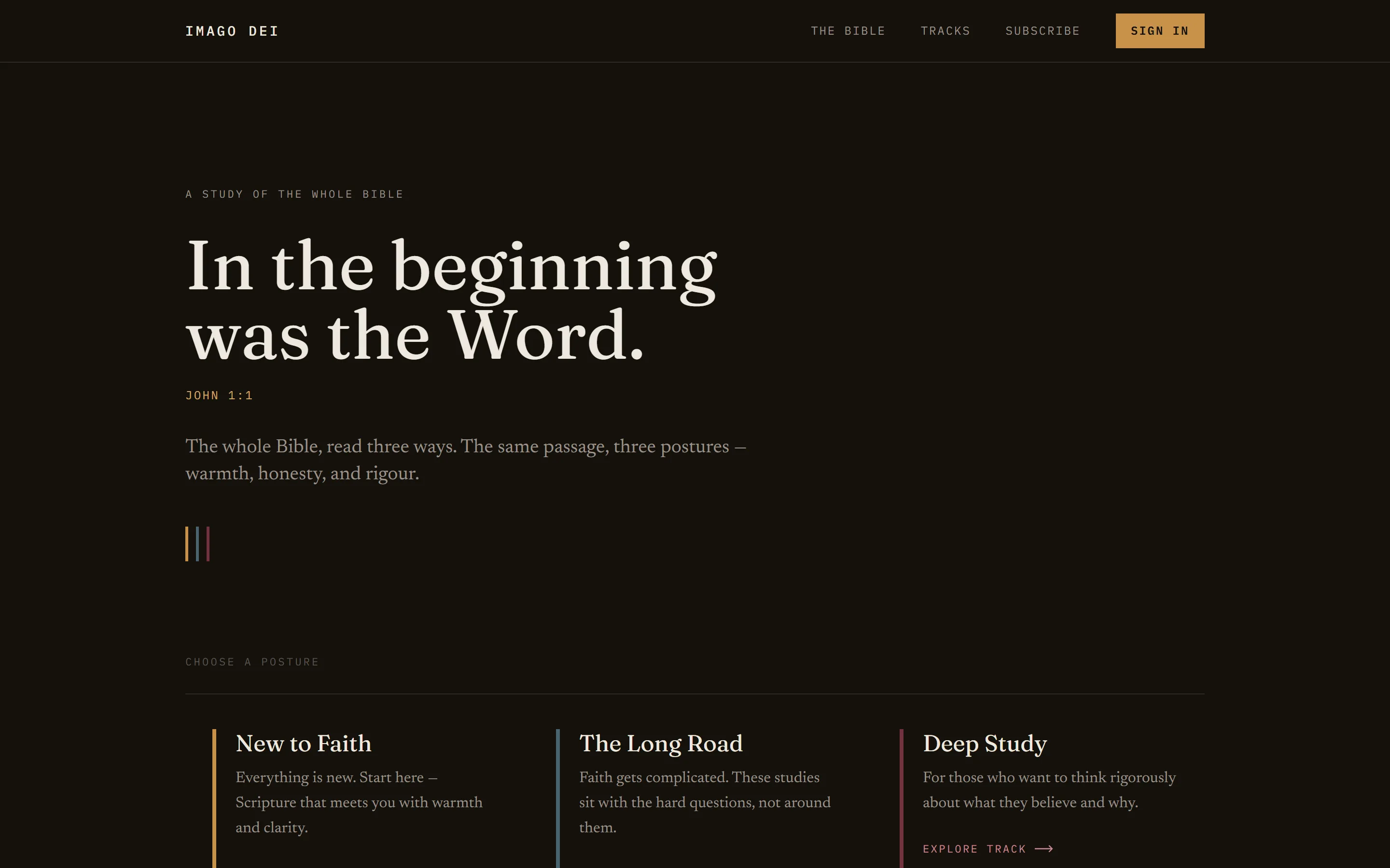 Imago Dei home page: a dark editorial hero reading “In the beginning was the Word,” with three reading postures below.