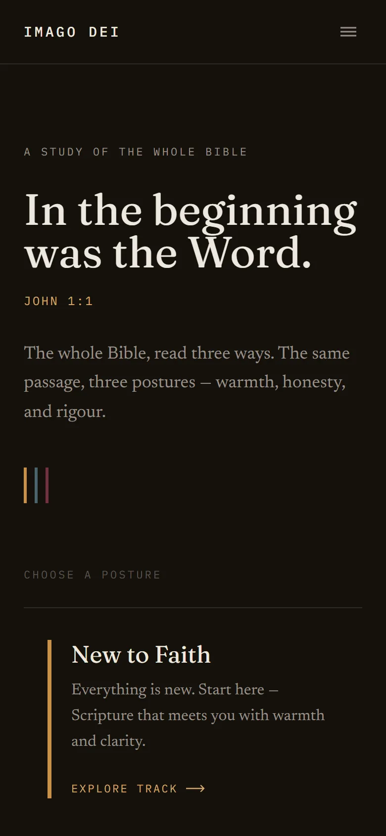 Imago Dei on mobile: the dark hero and posture cards stacked for a narrow screen.