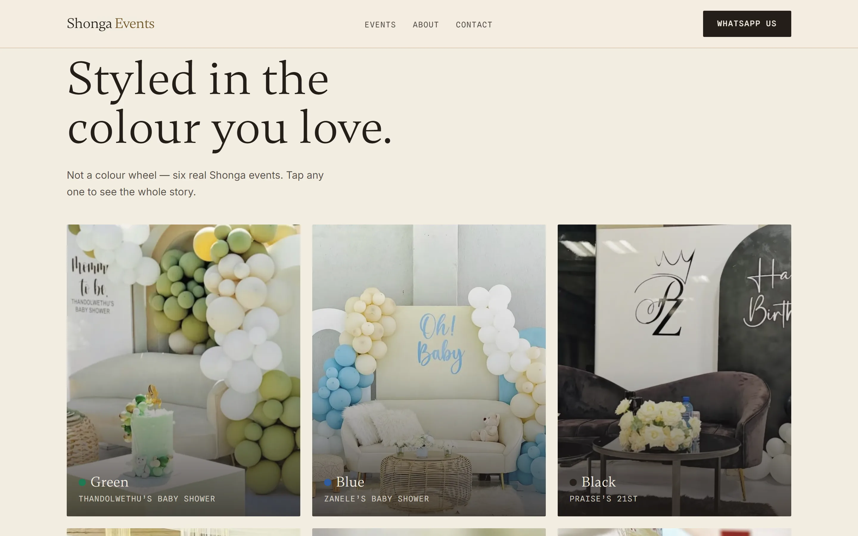 Shonga Events “Styled in the colour you love” section: a grid of real events, each named for its colour theme.